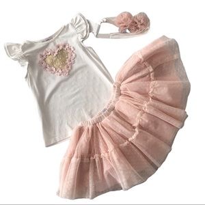 Pink Floral Heart top, Headband & Tutu Skirt Set